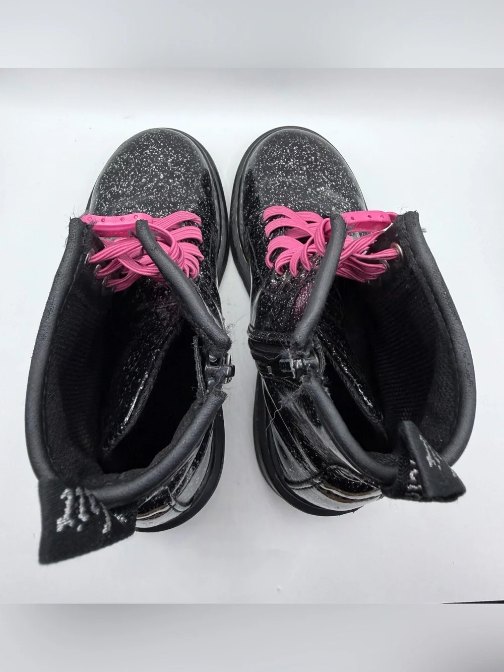 Dr. Martens 1460J black glitter combat boot w/pink laces, 13 US Kids
